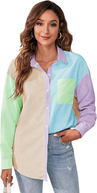 MakeMeChic Women's Striped Long Sleeve Color Block Oversized Button Down Shirt Blouse | Amazon (US)