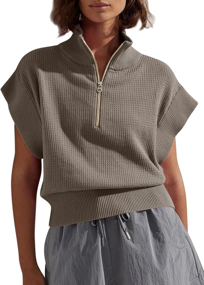 Langwyqu Womens Short Sleeve Cropped Knit Tops Half Zip Cap Sleeve Lightweight Oversized Sweater ... | Amazon (US)