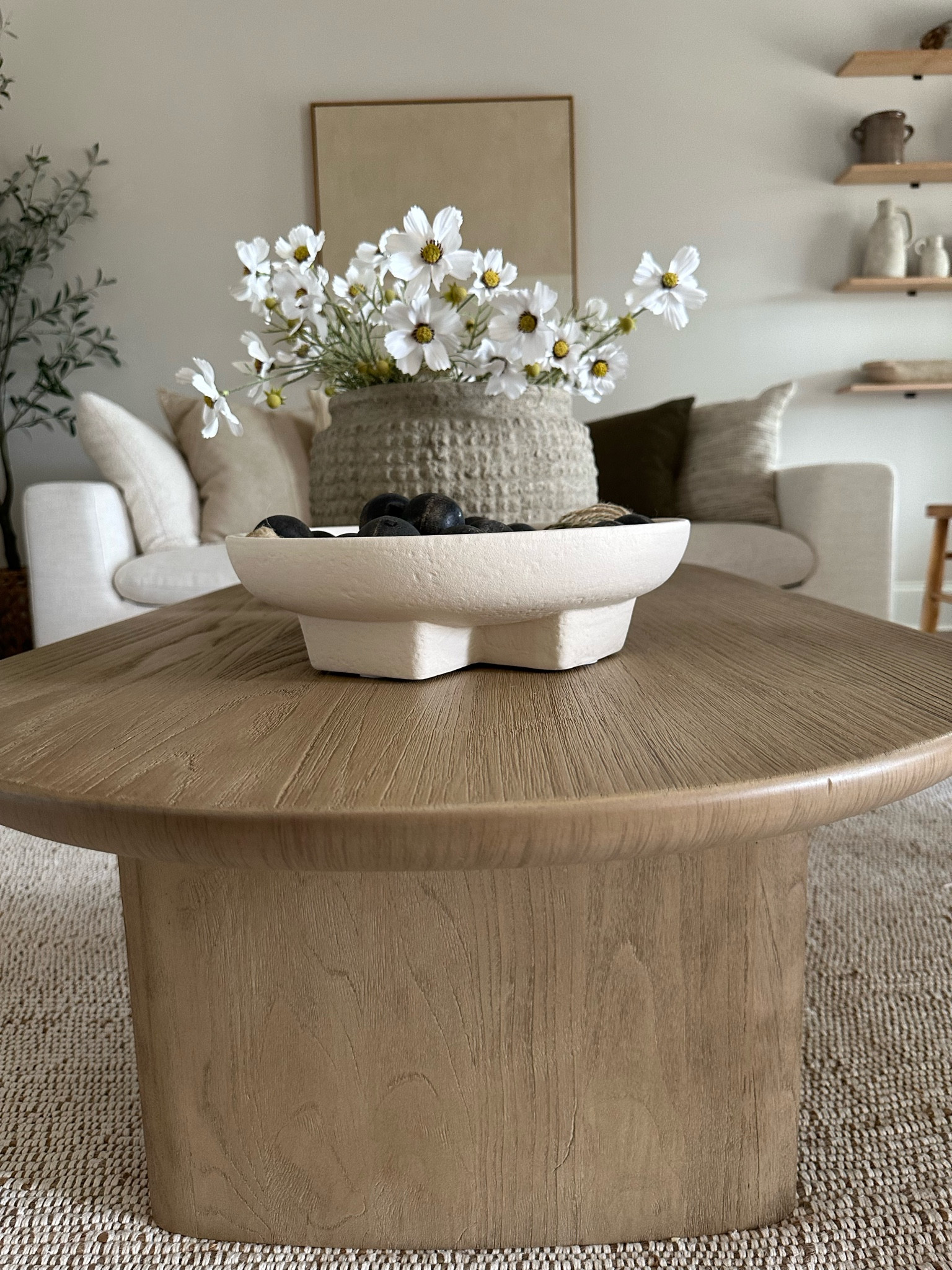 Bowl is from Aldi
Flowers are Cosmos from Hobby Lobby
Larger vase is from Canteen Shoppe “Sloane planter” 
Sofas are from Castlery 