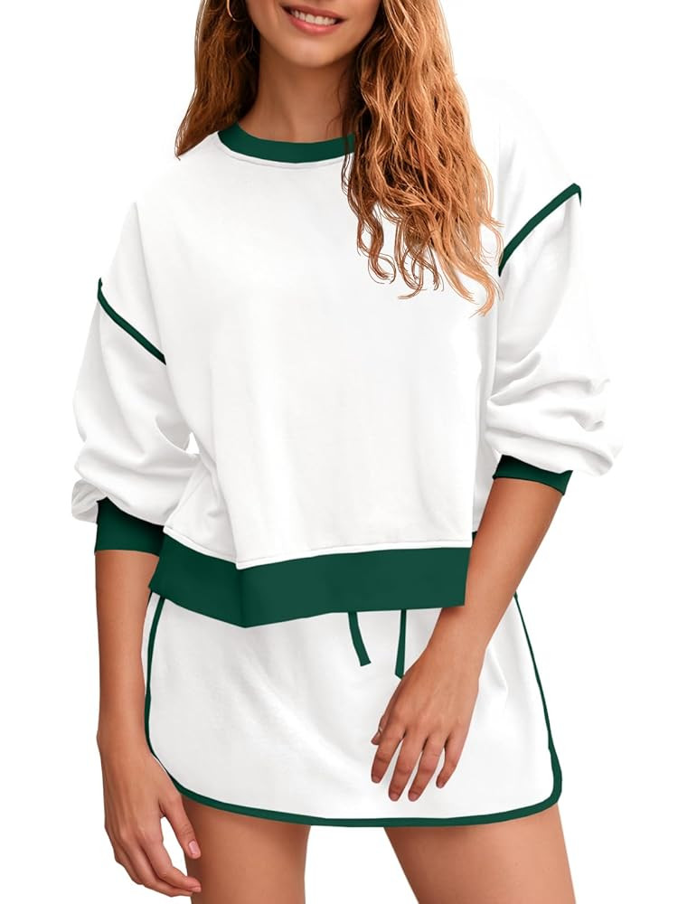 Fisoew Womens Sweatsuits 2 Piece Set Crewneck Sweatshirts High Waisted Skort Skirts Tennis Runnin... | Amazon (US)