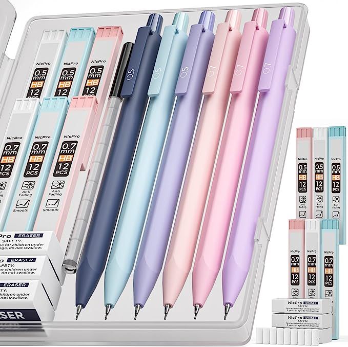 Nicpro 6PCS Pastel Mechanical Pencil Set, Mechanical Pencils 0.5 & 0.7 mm with 6 Tubes HB Lead Re... | Amazon (US)