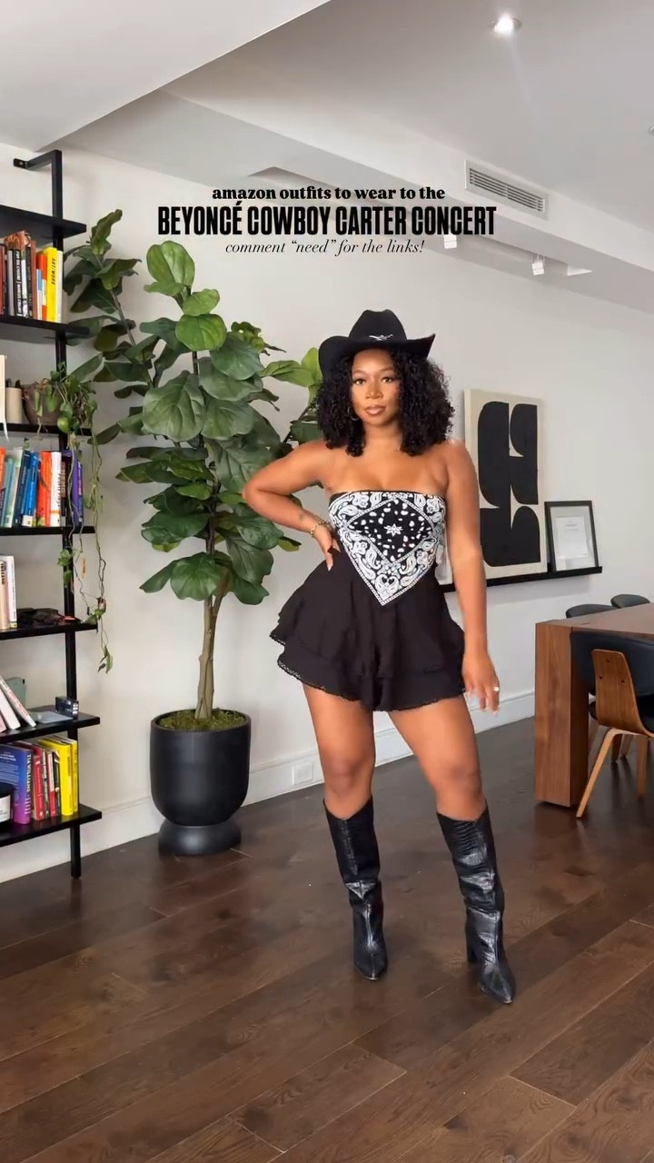 COWBOY CARTER CONCERT INSPO OUTFIT 1 (B&W) Size small top Size large skirt (built in shorts!!) OUTFIT 2 (red boots) Size small top (stretchy) Size X-Large shorts!! (Has stretch and very comfy) OUTFIT 3 (maxi dress) Size large dress Size large jacket OUTFIT 4 (blue fringe) Size large top Size large skirt (built in shorts!!) OUTFIT 5 (orange) Size Large romper dress (built in shorts, sooo comfy!!) OUTFIT 6 (flannel) Size large top Size XL bottoms OUTFIT 7 (two piece) Size large (could’ve even sized down!) 

#LTKFestival #LTKTall #LTKootd