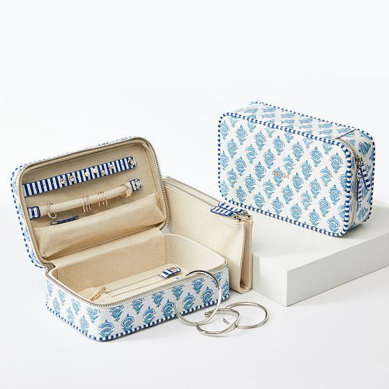 Mark and Graham medium travel jewelry case in blue green block print