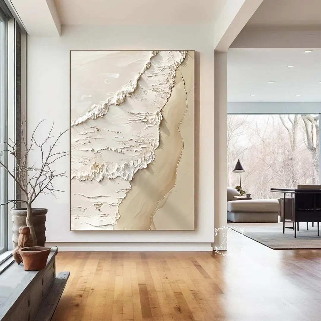 Large White Texture Ocean Wave Painting Beige Ocean Texture Painting 3D Beige Texture Beach Wall ... | Etsy (US)