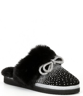 ComfieeTwo Embellished Rhinestone Bow Faux Fur Slippers | Dillard's