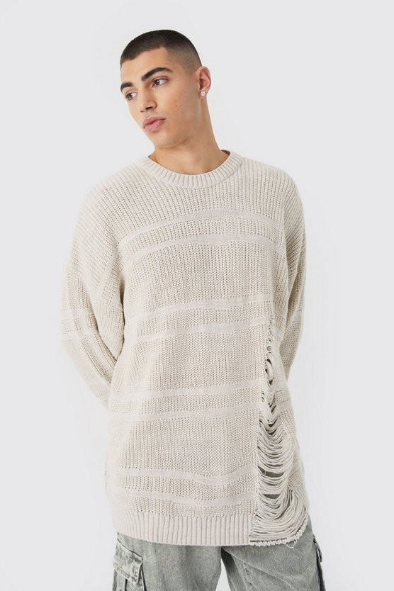 Oversized Distressed 2 Tone Knit Sweater | boohooMAN (US & Canada)