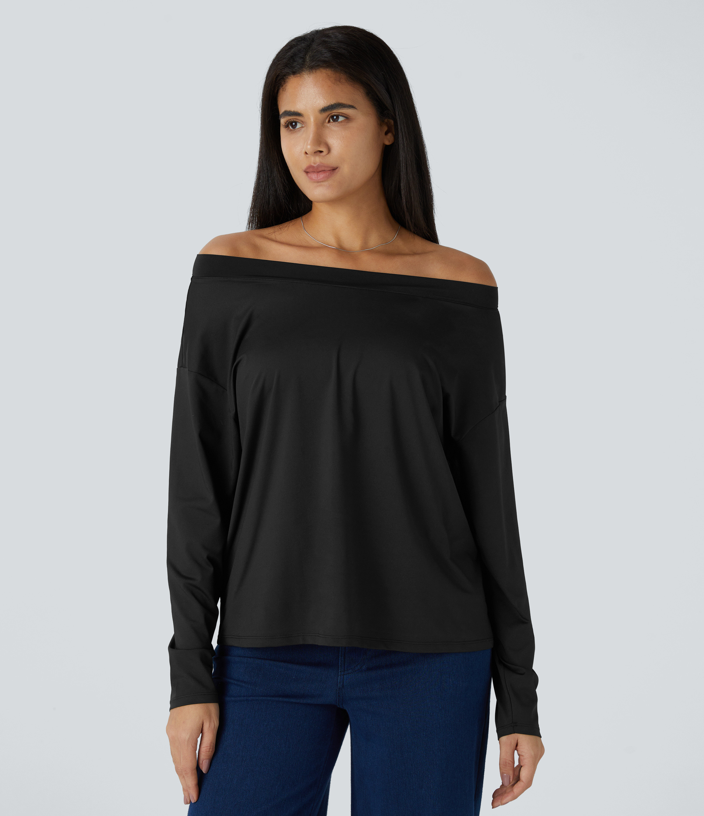 Halara Off Shoulder Long Sleeve Casual Top Tank Top - Black - S golf tops halter top tunic tops sleeveless tops backless top | HALARA