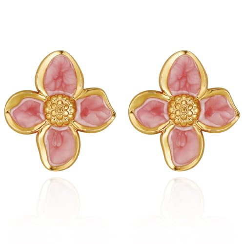 HANRESHE Pink Gold Flower Earrings For Women Cute Flower Stud Earrings Trendy Pink Earring Spring Floral Statement Earring Jewelry Gift | Amazon (US)