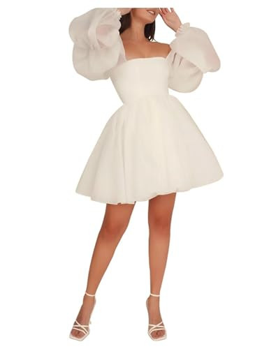 Womens Ivory Short Wedding Dresses for Bride with Sleeves Tulle Puffy Mini Formal Wedding Dress Petite Square Collar A Line Party Dress for Women US0 | Amazon (US)