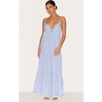 Petite Blue Strappy Pinstripe Tiered Maxi Dress | PrettyLittleThing US
