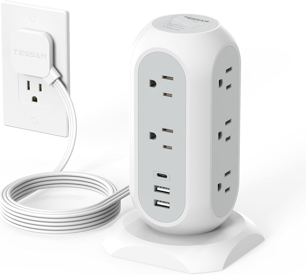 Tower Power Strip Flat Plug with 11 Outlets 3 USB (1 USB C), TESSAN Surge Protector Tower 1625W/1... | Amazon (US)