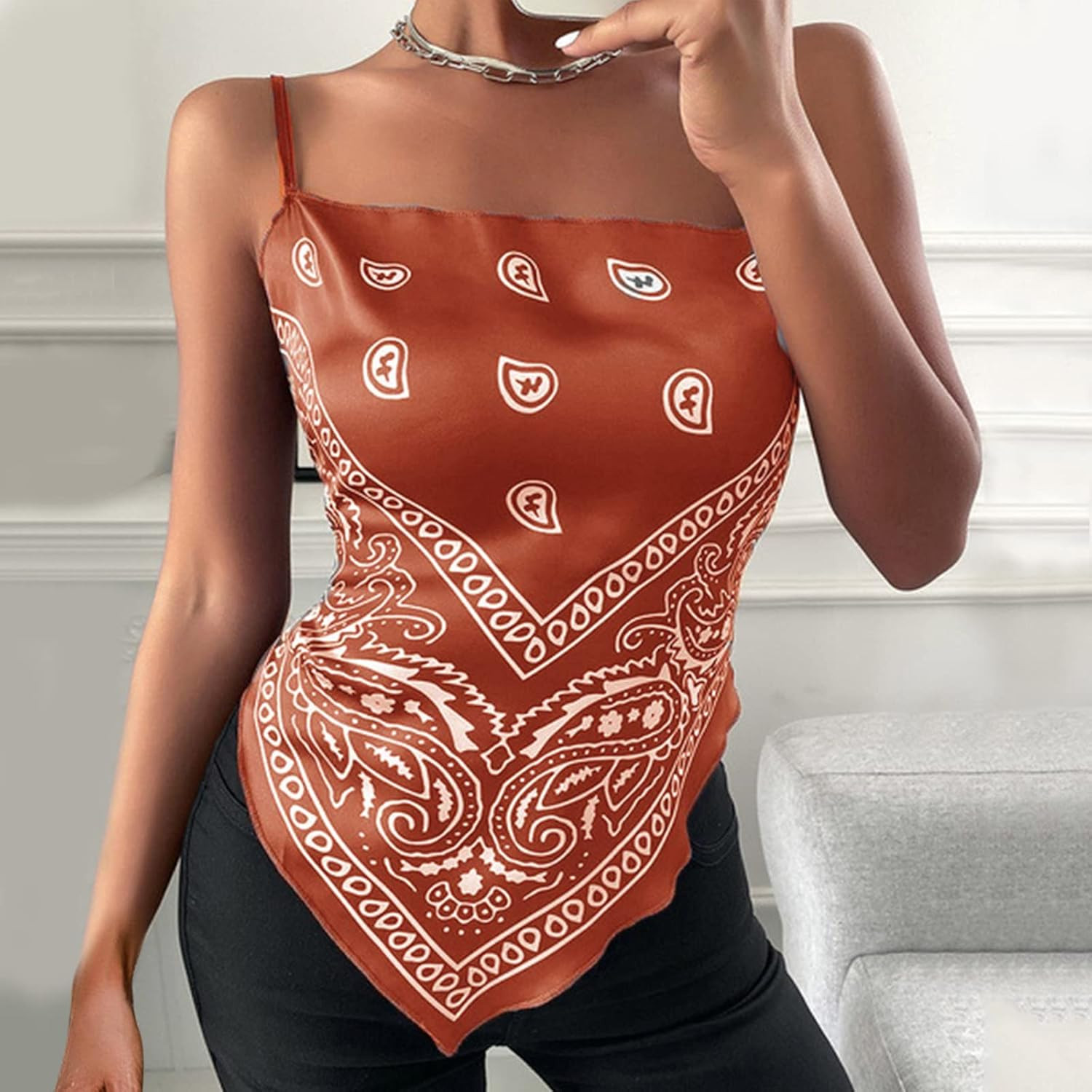 Womens Stretchy Asymmetric Tie Knob Open Back Bandana Halter Tops/Flower Print Crop Top Cami Shir... | Amazon (US)