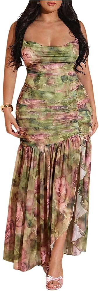 Floerns Women's Summer Plus Size Floral Maxi Dress Ruched Spaghetti Strap Backless Ruffle Slit Pa... | Amazon (US)