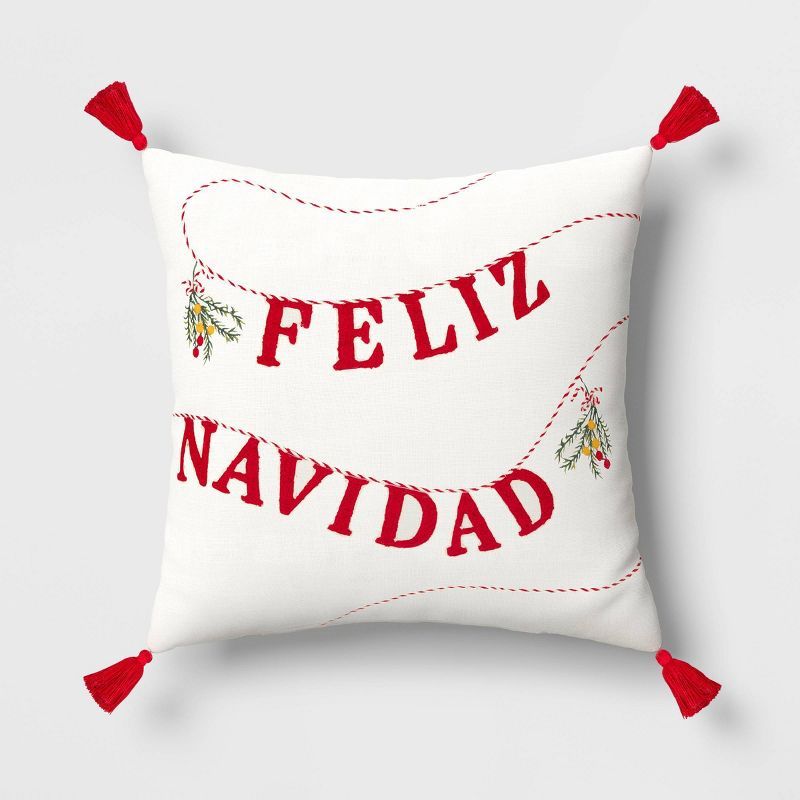 'Feliz Navidad' Embroidered Applique Christmas Square Throw Pillow Cream - Threshold™ | Target