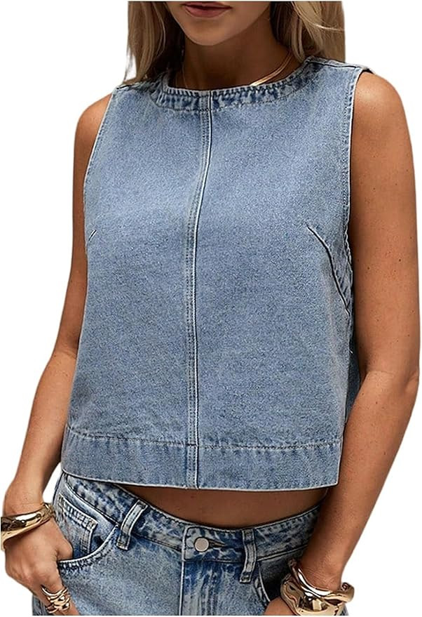 Milumia Women's Denim Vest Tank Top Sleeveless Round Neck Loose Fit Casual Jean Vests Streetwear | Amazon (US)