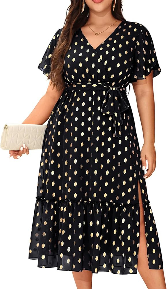 Women's Plus Size Dress for Wedding Guest - Semi Formal Cocktail Holiday Gold Dot Midi Dresses | Amazon (US)