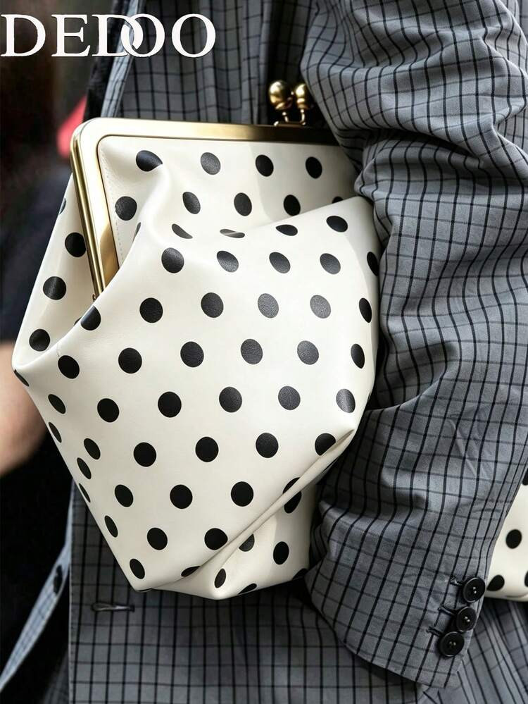 Dedoo Women's Polka Dot Pleated Kiss Lock Clutch, Soft PU Leather, Metal Kiss Lock Closure, Large... | SHEIN