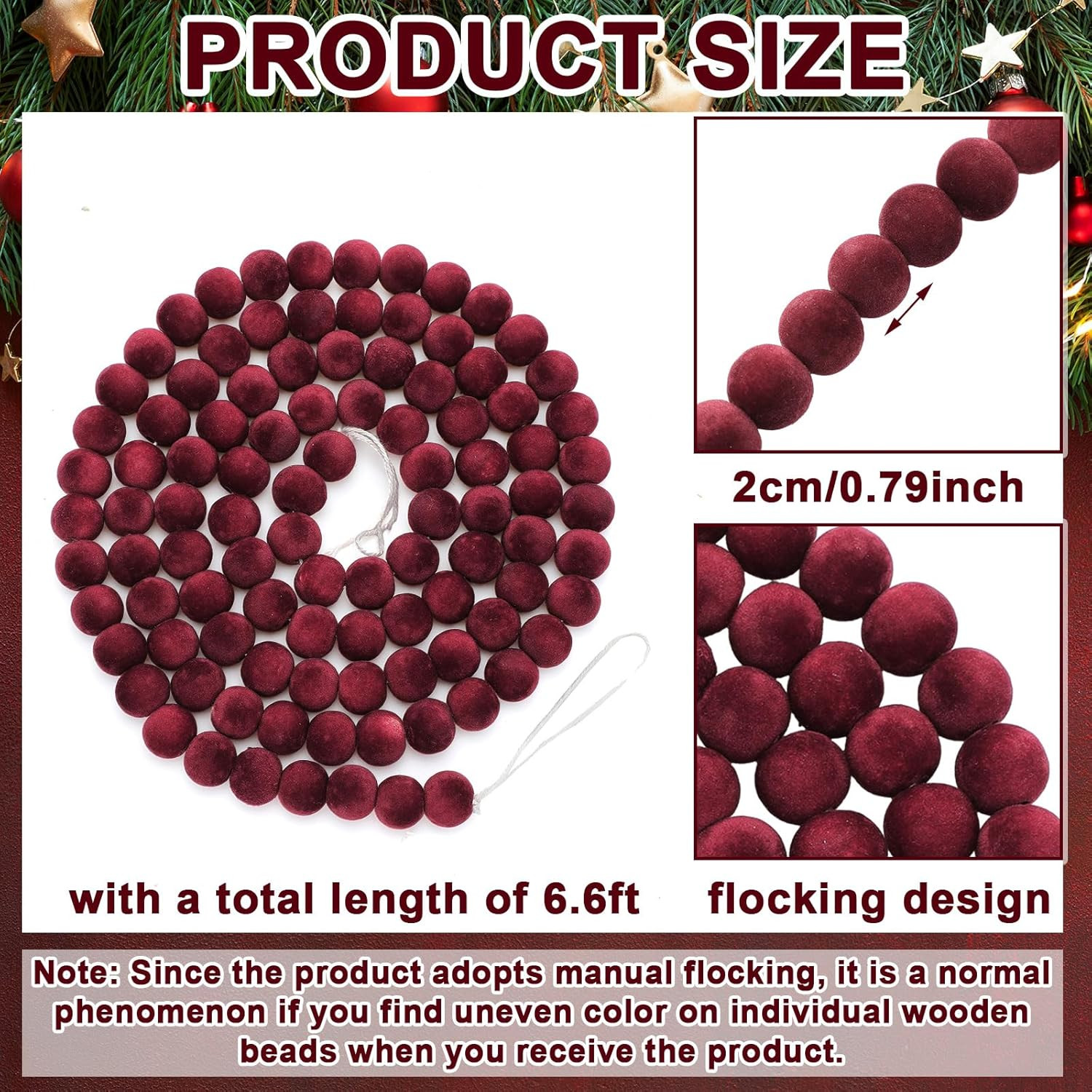 Roowest Burgundy Cranberry Wooden Bead Garland Decorations 6.6 ft Flocking Velvet Wood Beaded Chr... | Amazon (US)