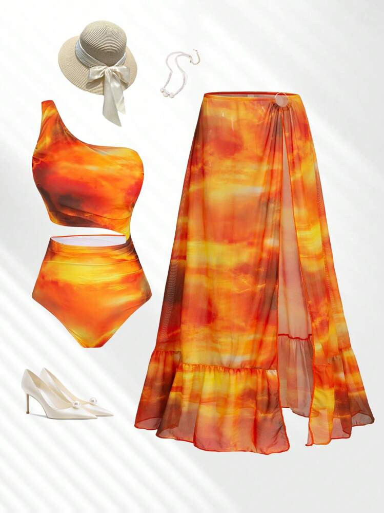 Swim Oasis Plus Size Women's Asymmetric Shoulder Tie-Dye Tie Dye Printed One-Piece Swimsuit With Matching Casual Printed Half-Skirt Swimsuit Set, 2pcs | SHEIN