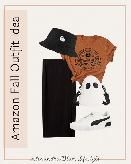 Amazon fall outfit idea! Halloween outfit costume idea!! Cute black sweater skirt, Halloween t-shirt, ghost purse, puma sneakers, and bucket hat! Amazon finds! 

#LTKunder50 #LTKHalloween #LTKSeasonal