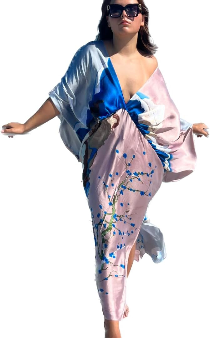 Women's Kaftan Maxi Dress Ethnic Plunging V Neck Beach Cover Up Swimsuit Maxi Dressing Robe Gown | Amazon (US)