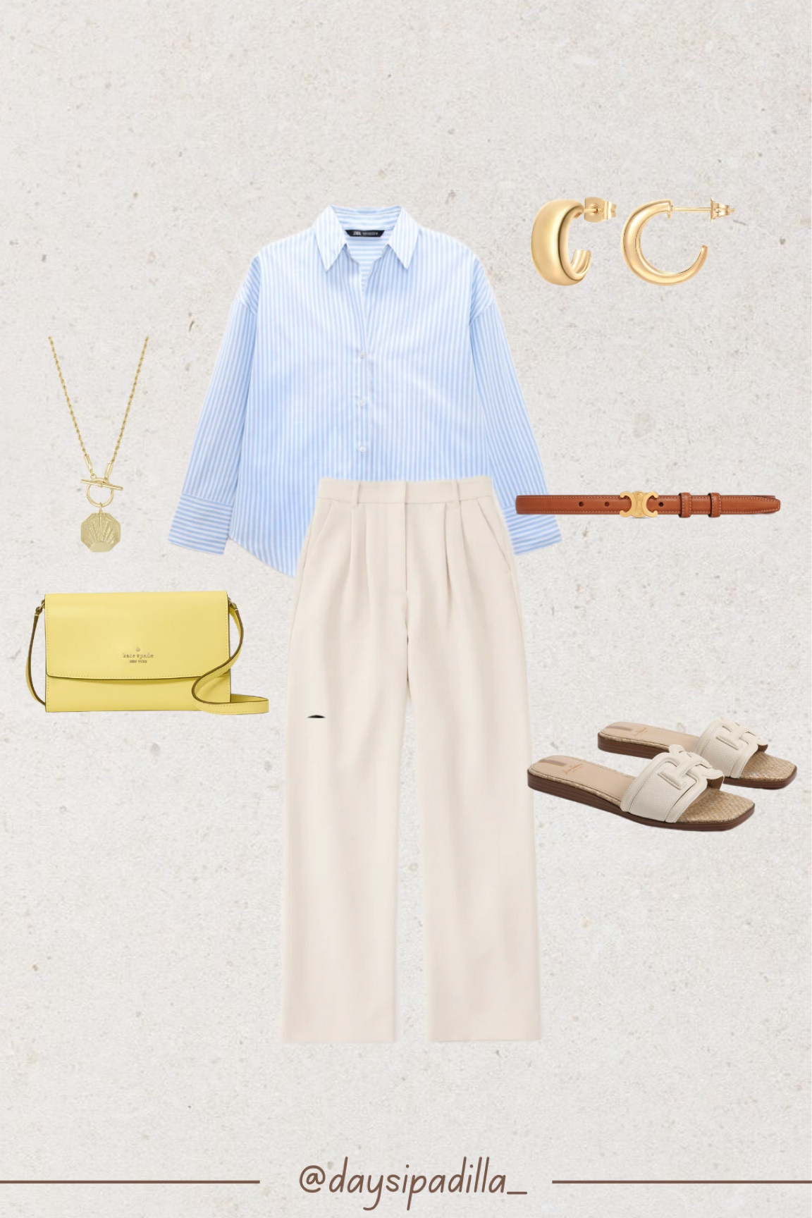 Old money outfit cream trousers cream slides Sam Edelman slides yellow handbag blue stripe shirt
Gold jewelry brown belt

#LTKFind #LTKshoecrush #LTKstyletip
