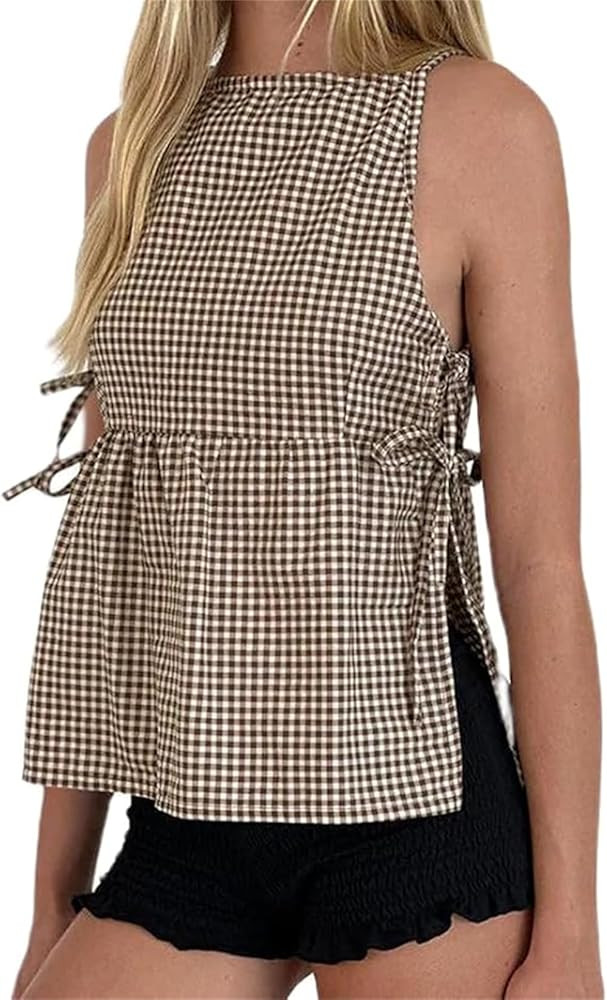 Women Tie Side Tank Top Sleeveless Split Peplum Coquette Shirt Plaid Trendy Going Out Summer Tops... | Amazon (US)