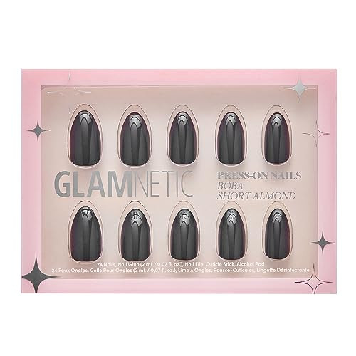 Glamnetic Press On Nails - Boba | Opaque Black Short Almond Nails, Reusable | 12 Sizes - 24 Nail Kit | Amazon (US)