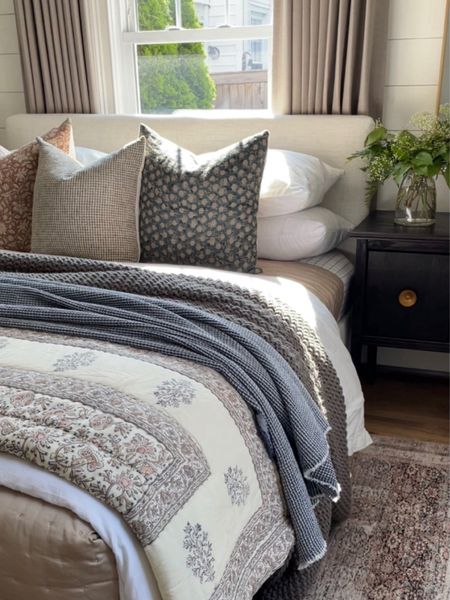 Bedroom, quilts, bedding, spring decor, nightstands, throw pillows, bed pillows, bed, linen bed, rug, comforter 

#LTKStyleTip #LTKHome #LTKFindsUnder100