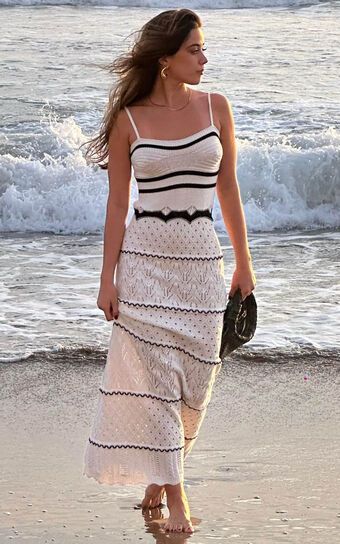 Addison Midi Dress - Knitted Stripe Detail Cami Dress in White/Black | Showpo (US, UK & Europe)