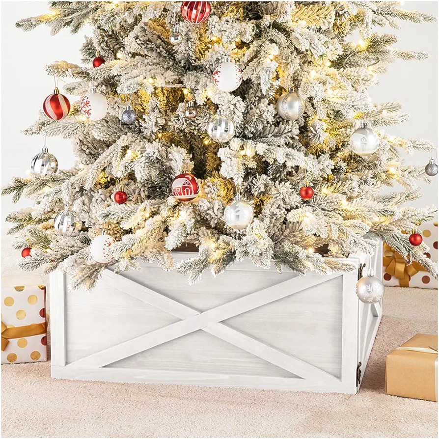 Glitzhome 26" L Washed White Wooden Tree Collar Tree Stand Cover Christmas Tree Skirt Tree Box | Amazon (US)