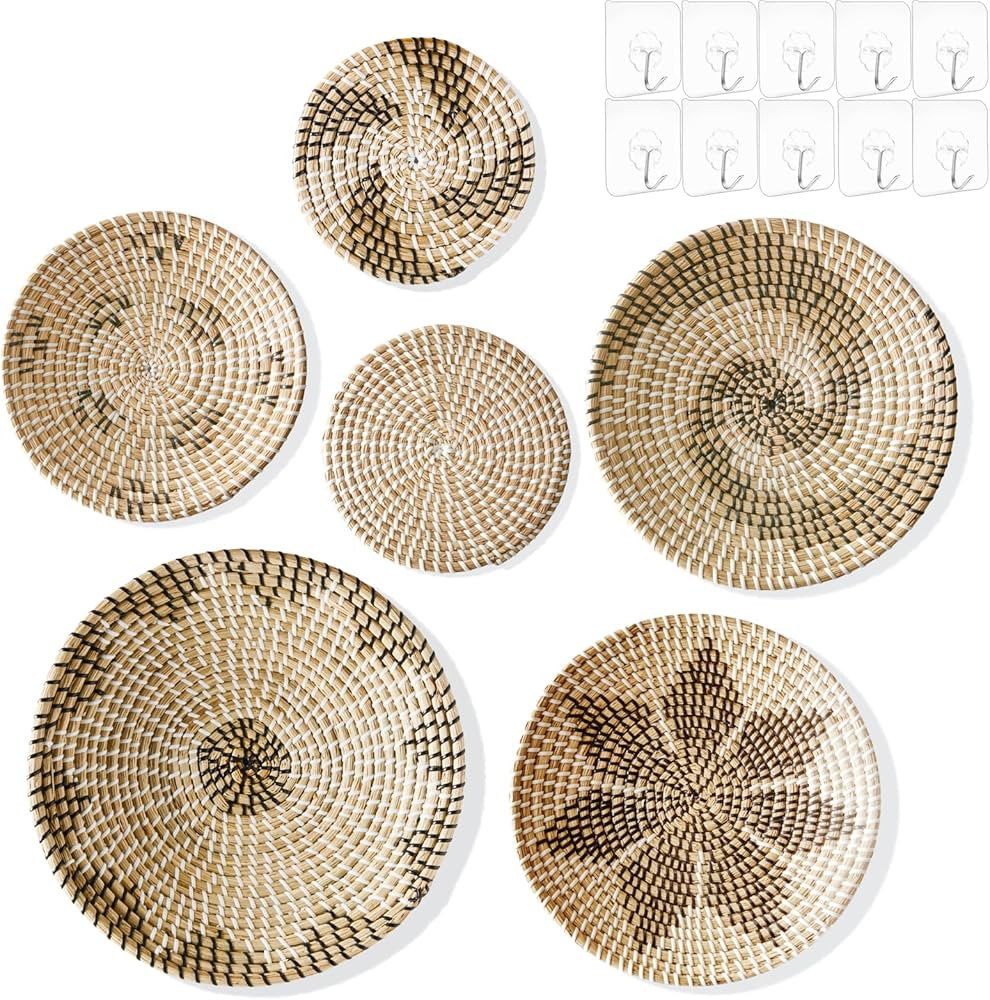 Wall Basket Decor Set of 6, Boho Hanging Seagrass Baskets Woven Basket Wall Decor, Natural Handma... | Amazon (US)