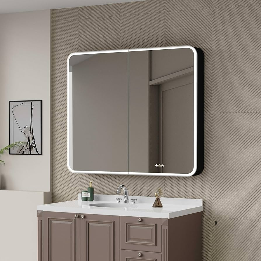 42”W x 36”H Medicine Cabinets for Bathroom with LED Mirror, Black Round Corner Surface Mounte... | Amazon (US)