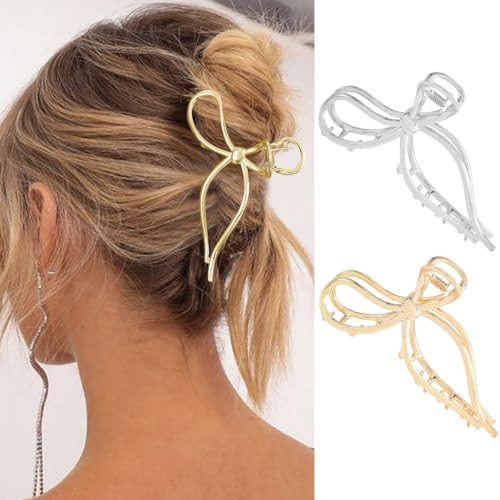CAKURE Bow Hair Claw Clips Gold Metal Hair Clips Medium Hair Jaw Clamps Stylish Hair Accessories for Women and Girls (Pack of 2) | Amazon (US)