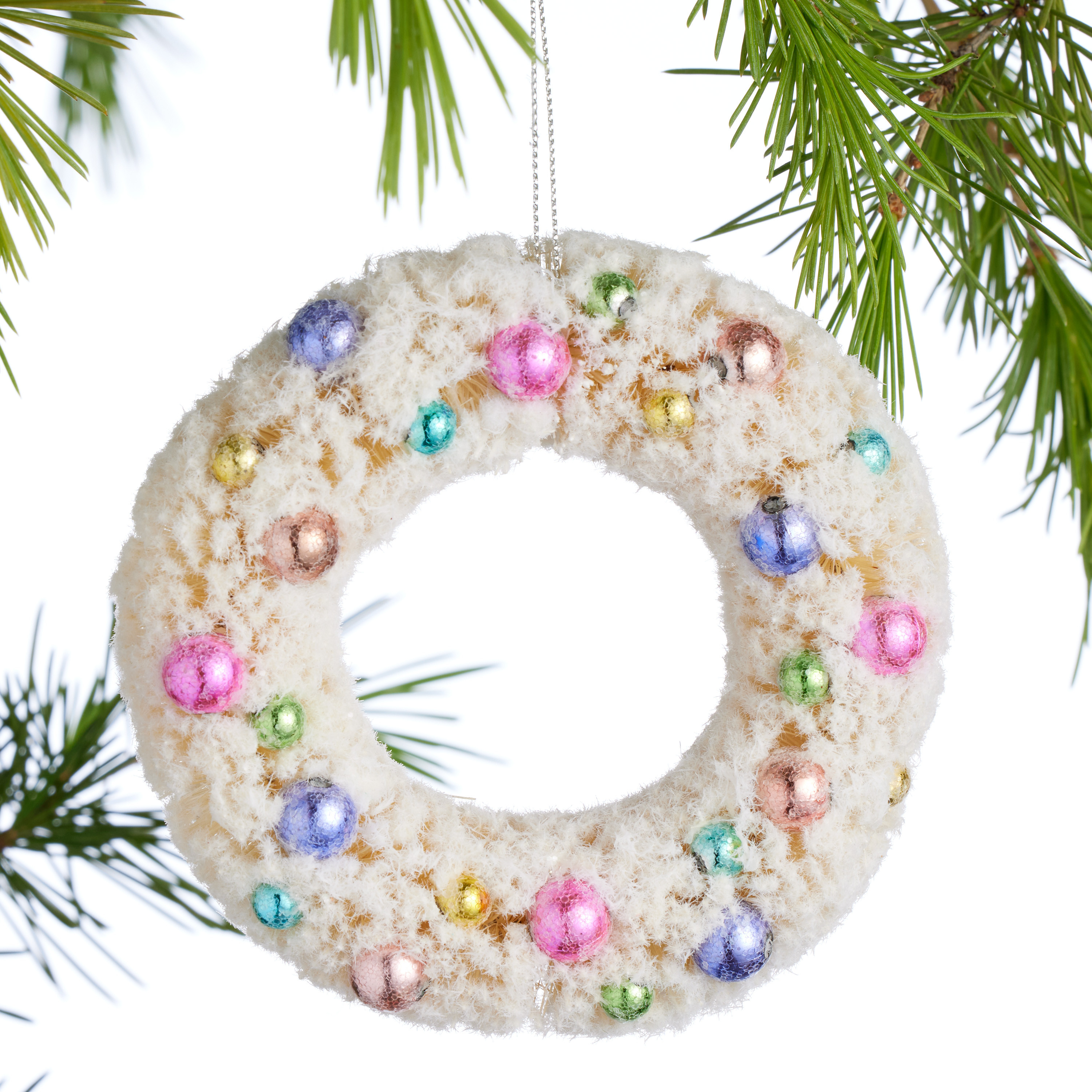 White Retro Flocked Bottlebrush Wreath Ornament | World Market