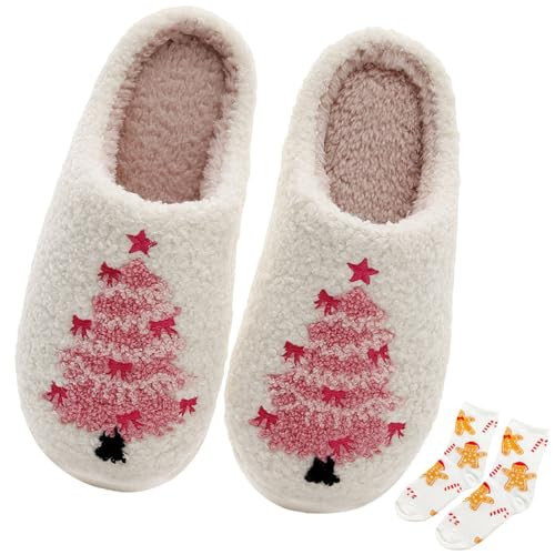 Christmas Reindeer Slippers House Shoes for Women Fluffy Soft Cozy Bedroom Cartoon Plush Cute Slippers for Indoor Outdoor Use (Christmas TreeA, Adult, Women, 9.5, Numeric, US Footwear Size System, Medium) | Amazon (US)