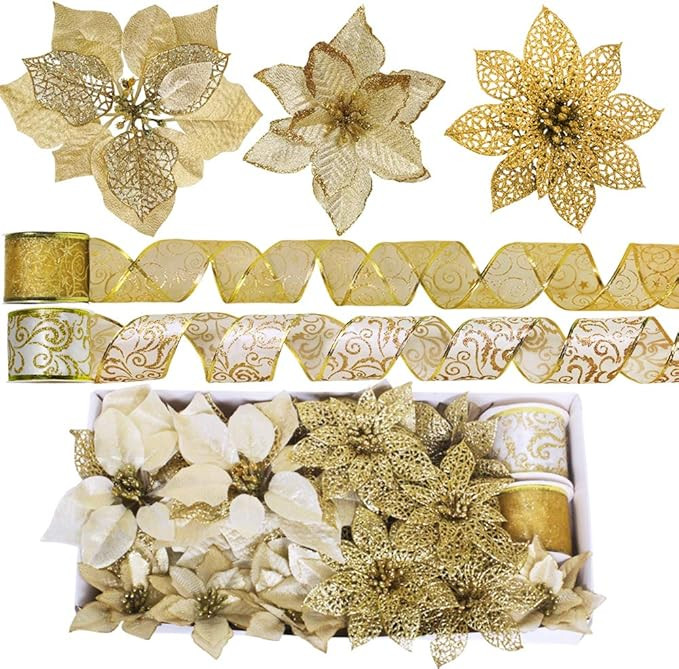 Winlyn 26 Set 3 Style Christmas Gold Glitter Poinsettia Flowers Picks Xmas Tree Ornaments and 12 ... | Amazon (US)