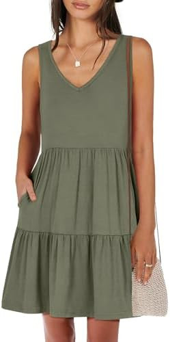 ANRABESS Womens Summer Casual Tank Dress Sleeveless V Neck T Shirt Sundress Flowy Tiered Swing Mi... | Amazon (US)