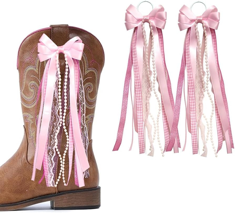 Pink Ribbon Bow Martin Boot Bows, Pink White Buffalo Plaid Boot Bows Glitter Pearl Lace Holiday B... | Amazon (US)