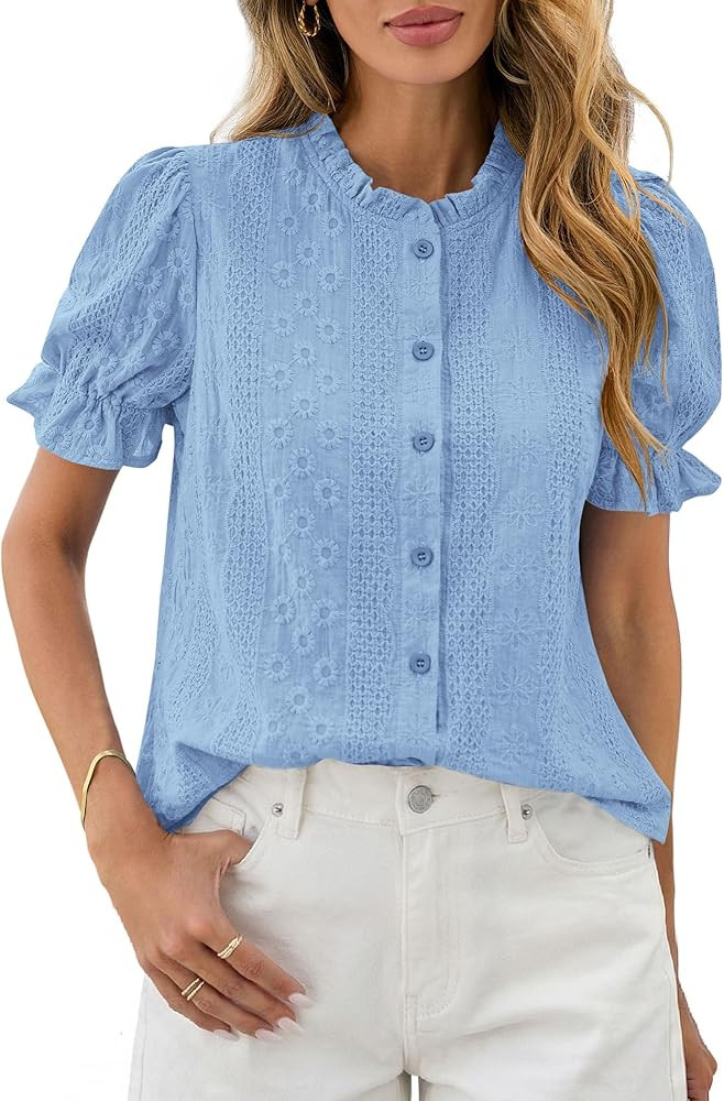 PRETTYGARDEN Womens Puff Short Sleeve Tops 2026 Summer Spring Button Down Boho Embroidered Cute B... | Amazon (US)
