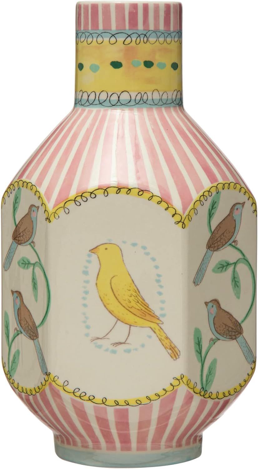 Creative Co-Op Ceramic Painted Bird Designs, Multicolor Vase, Multi | Amazon (US)