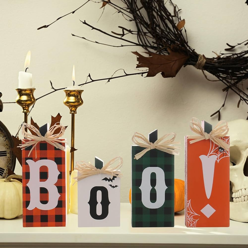 Super Holiday Halloween Decorations, 4PCS Wooden Boo Sign Block Tabletop Decorations, for Home Fa... | Amazon (US)