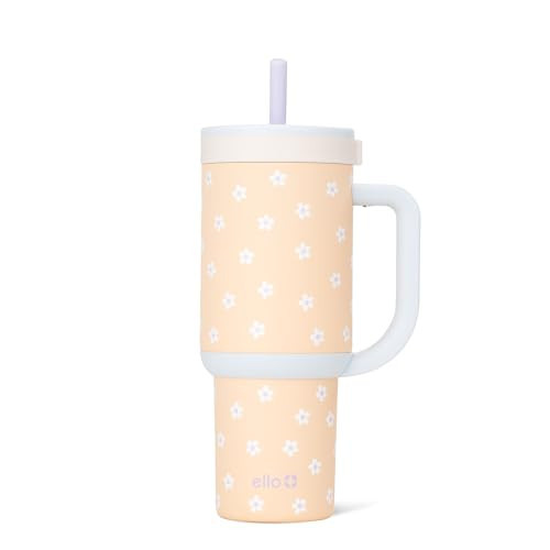 Ello Oasis 24oz Tumbler with Handle & Retracting Straw | Reusable Insulated Stainless Steel Cup 100% Leakproof, Gifts for Teens Women Men | Keeps cold for 24 Hours, Cup Holder Friendly, Orange Daisies | Amazon (US)