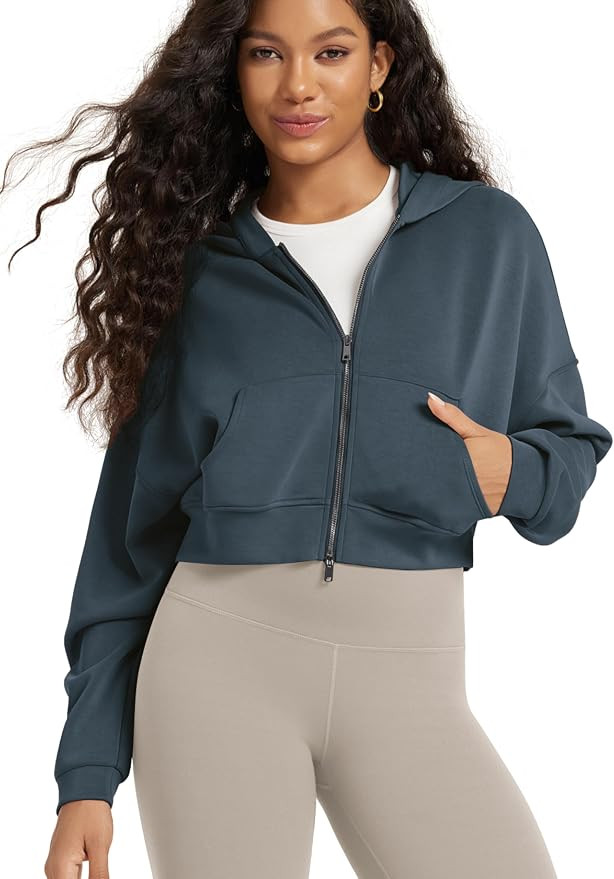 ODODOS Women's Modal Soft Full-Zip Cropped Hoodies with Pockets Long Sleeve Crop Casual Sweatshir... | Amazon (US)
