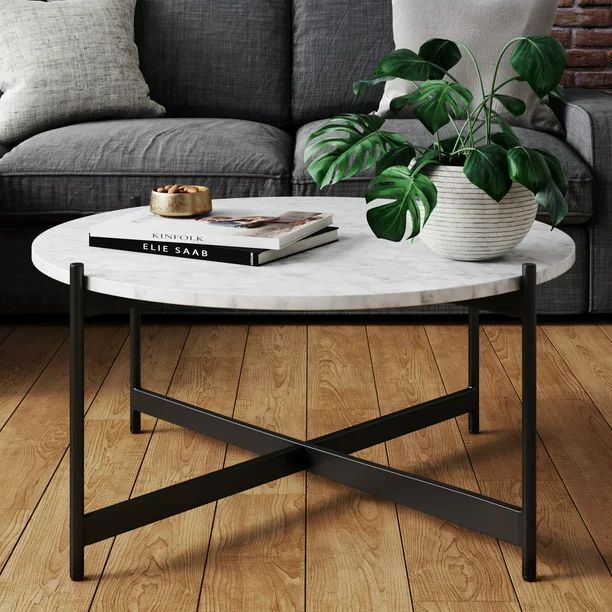 Nathan James Piper White Faux Marble Black Metal Frame Round Modern Living Room Coffee Table - Wa... | Walmart (US)