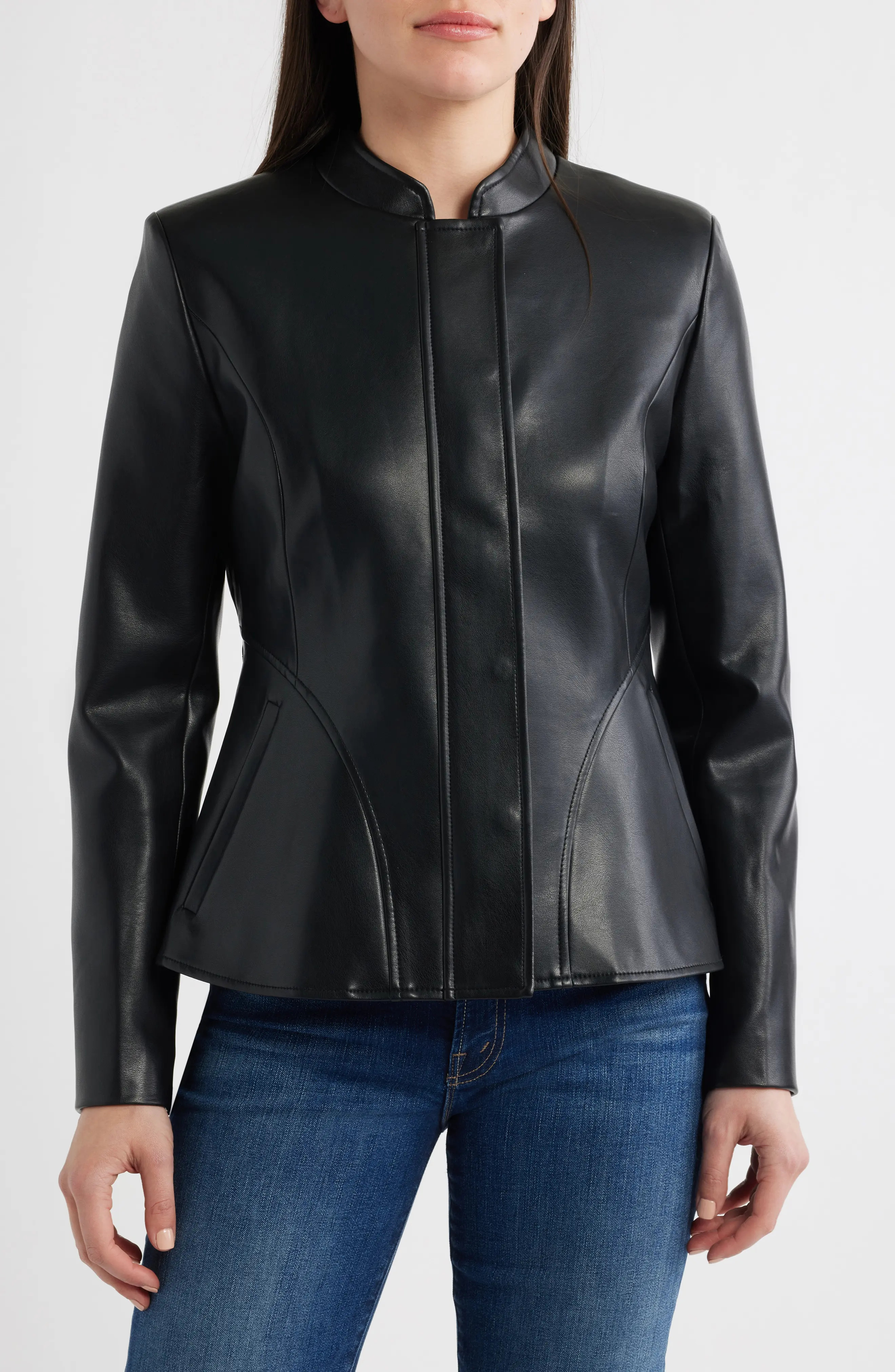 Via Spiga Zip Front Faux Leather Jacket in Black at Nordstrom, Size X-Large | Nordstrom