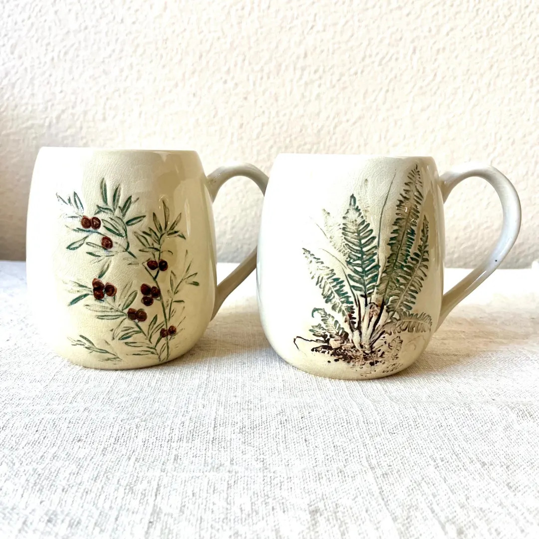 Botanical ceramic mug cream with debossed botanical leafs print, 4 styles sold seperately | Etsy (Global)