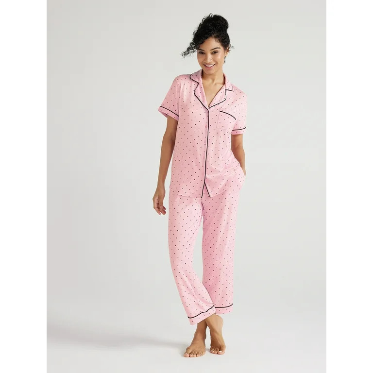Joyspun Women's Knit Short Sleeve Notch Collar Top and Capri Pajama Set, 2-Piece, Sizes S to 3X | Walmart (US)
