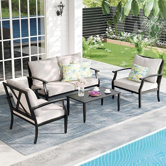 4-Piece Patio Furniture Set, Wider Outdoor Metal Seating Sofa with High Back & Loveseat, Coffee T... | Amazon (US)