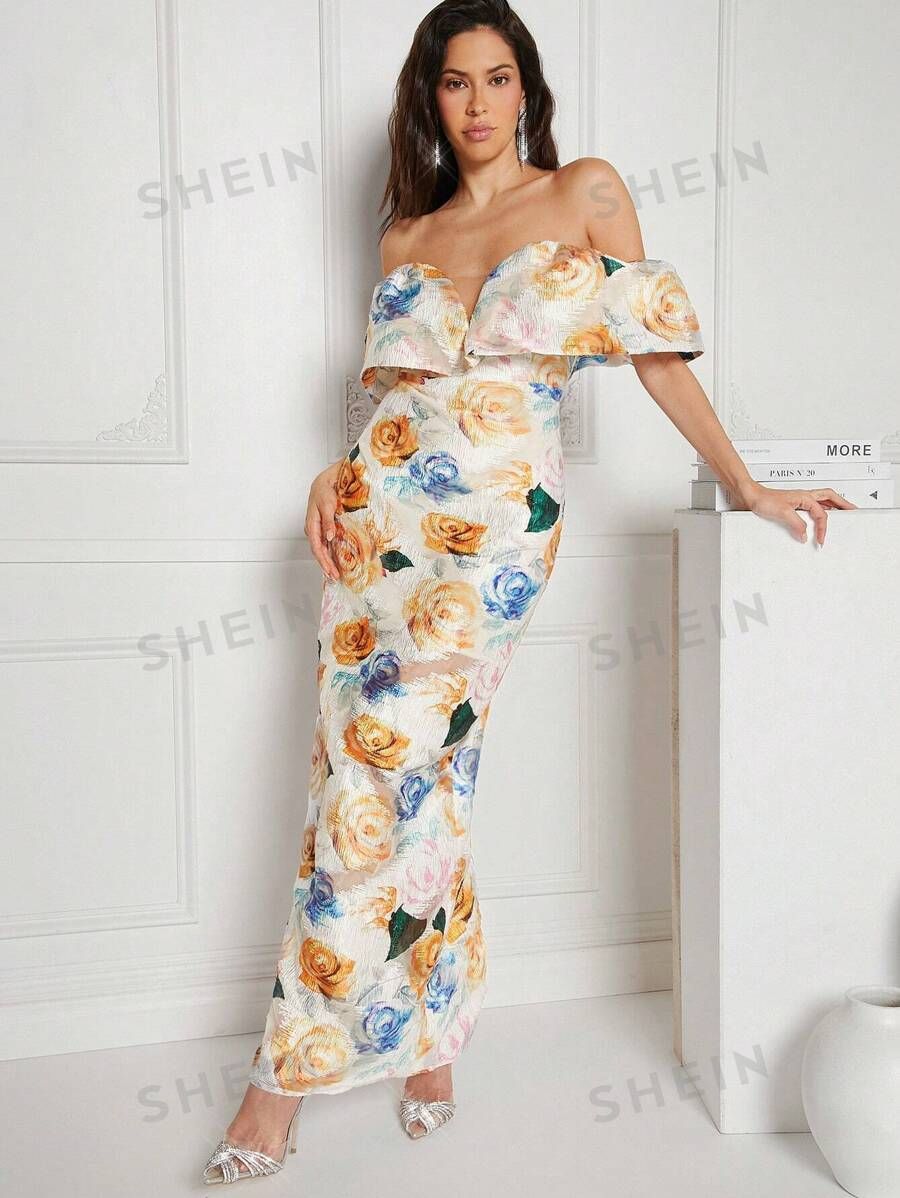 SHEIN Haute Floral Print Off Shoulder Dress | SHEIN